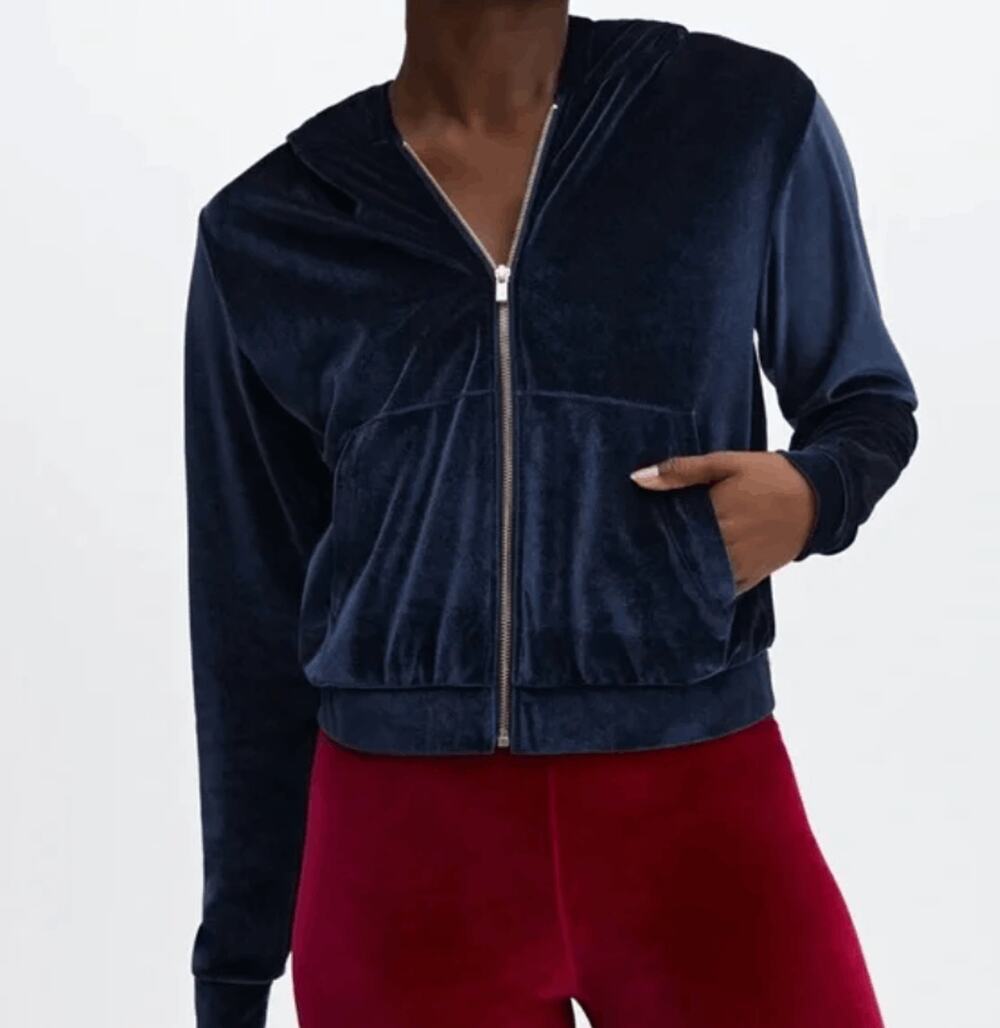 Fabletics NWT Donna Velour Hoodie in Navy Blue, Size Small, MSRP $85